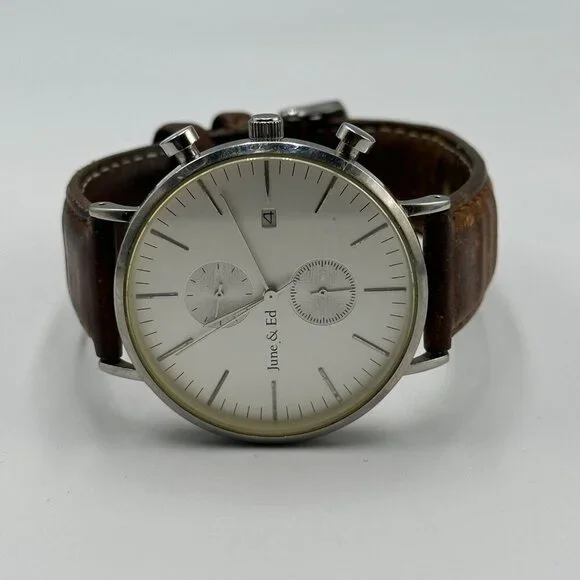 June & Ed Chronograph Watch Men Silver Tone 41MM Dial Date Window New Battery - Picture 8 of 13